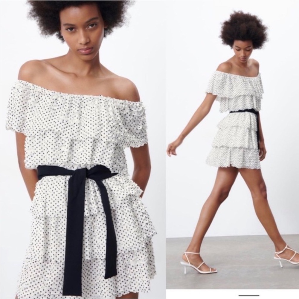 Zara Feminine White and Black Polka Dot Off The Shoulder Dress w Ruffles/Bow L